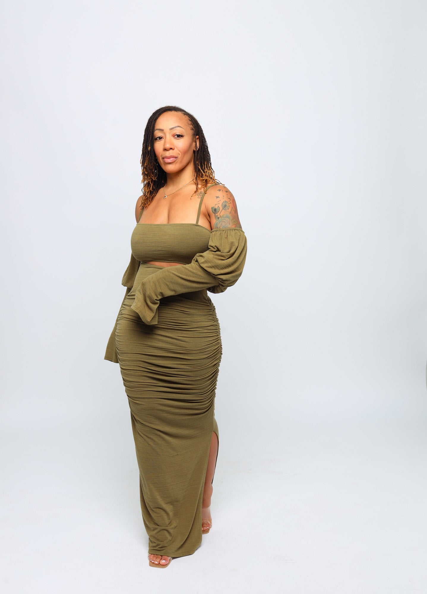 Crushing It Ruched Dress - Olive Green