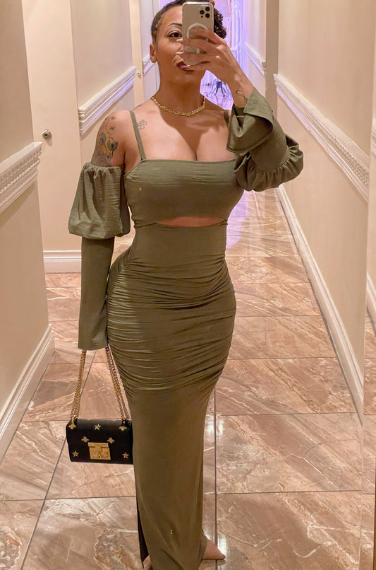 Crushing It Ruched Dress - Olive Green