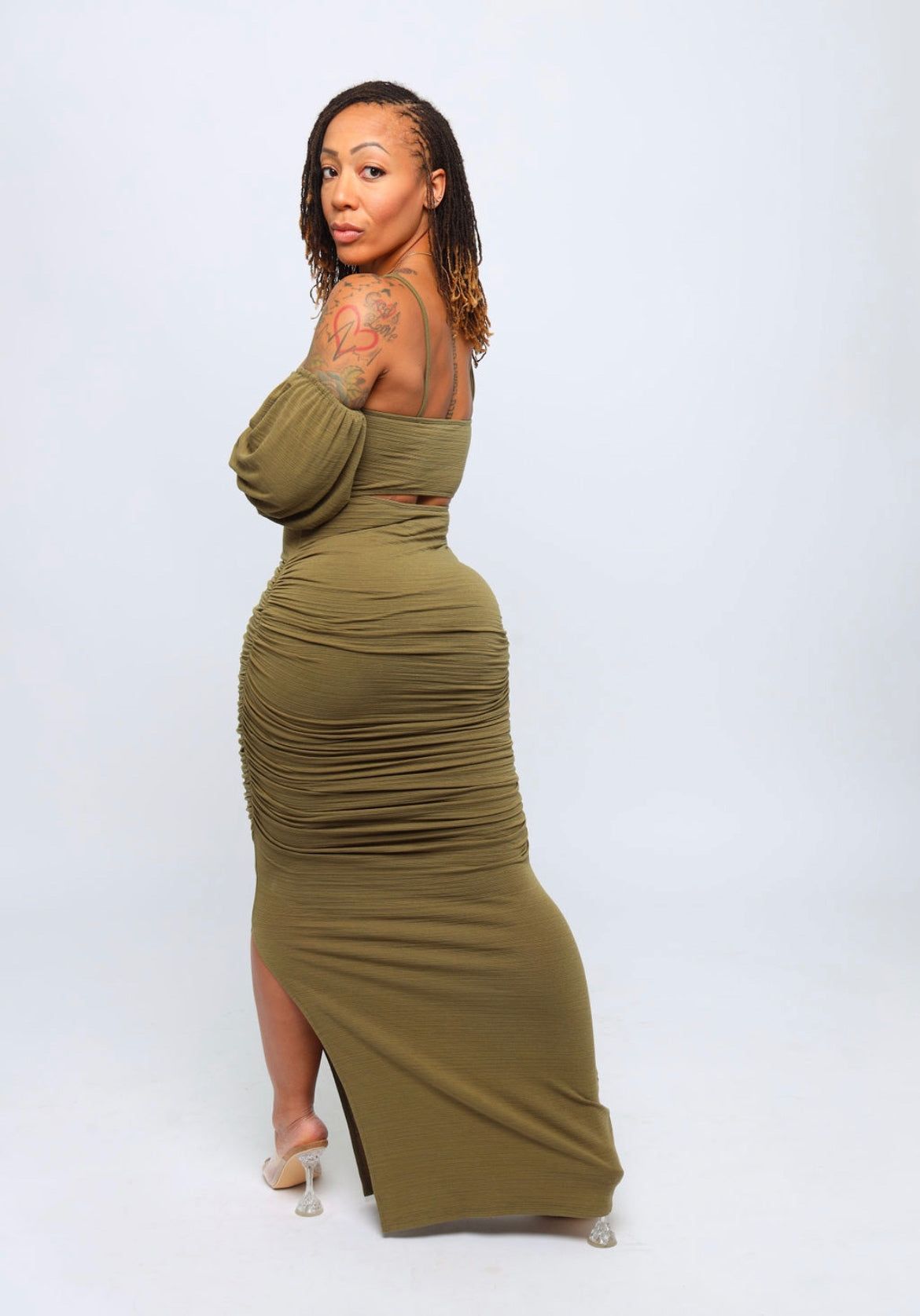 Crushing It Ruched Dress - Olive Green